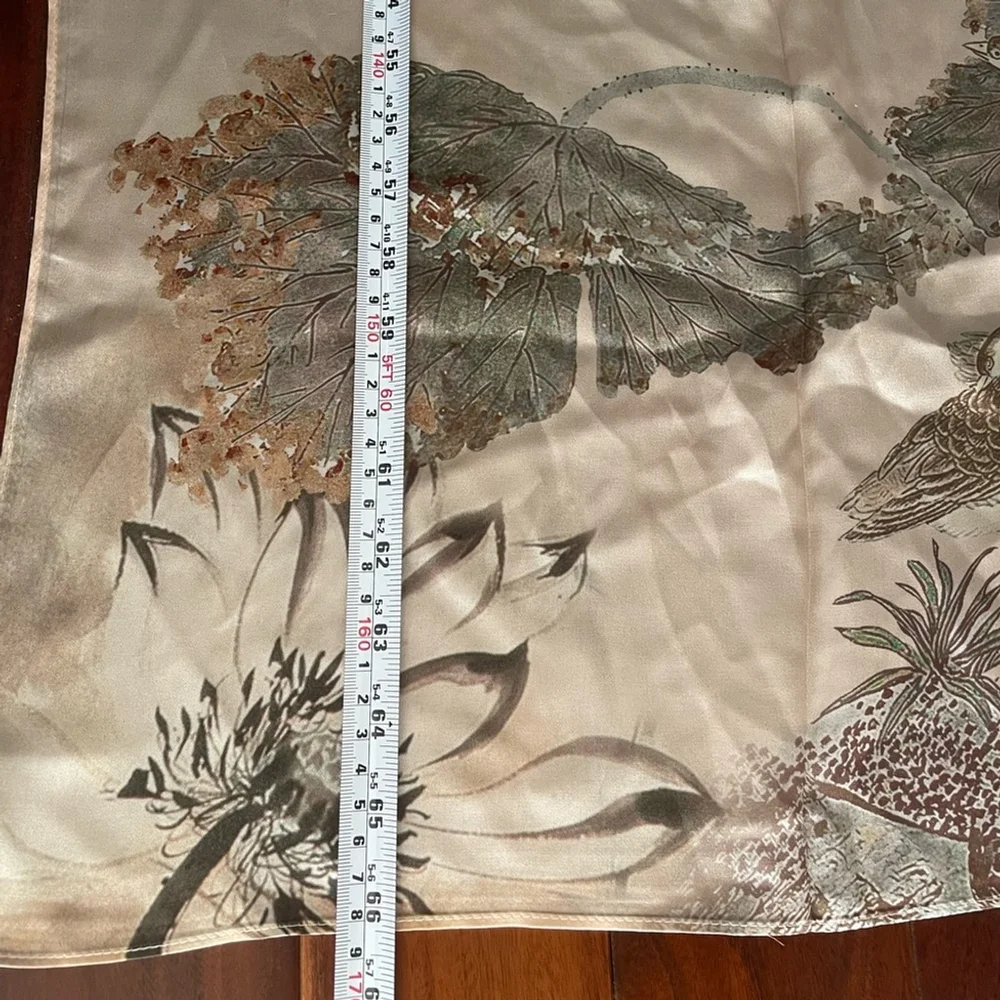 new Silk Illustrated Scarf Botanical & Bird Print Neutral Blush Tones 20” x 66”